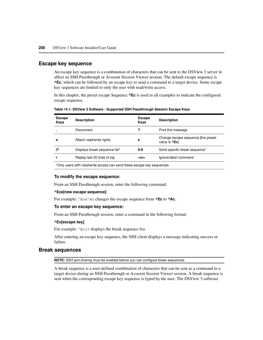 Avocent SPC420 manual Escape key sequence, Break sequences, To modify the escape sequence, To enter an escape key sequence 