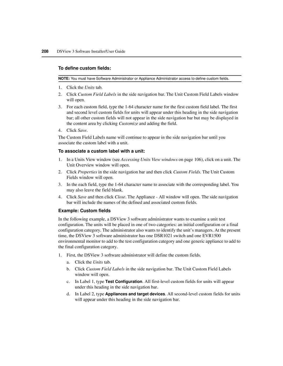 Avocent SPC420 manual To define custom fields, To associate a custom label with a unit, Example Custom fields 