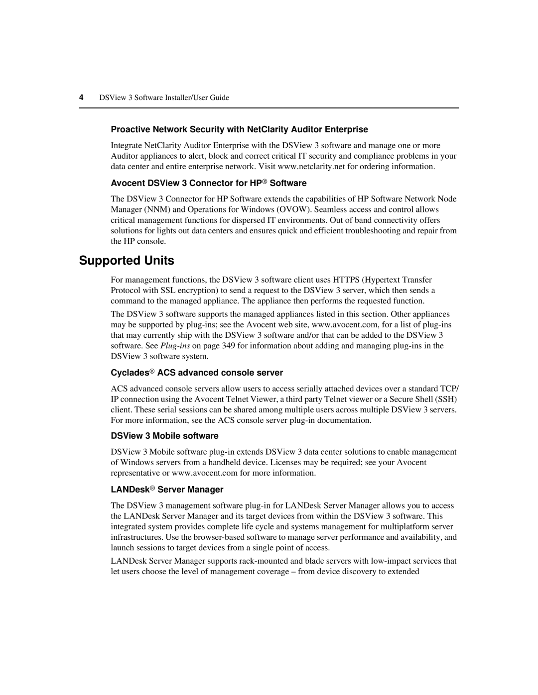 Avocent SPC420 Supported Units, Cyclades ACS advanced console server, DSView 3 Mobile software LANDesk Server Manager 