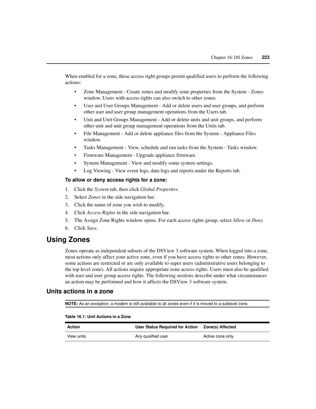 Avocent SPC420 manual Using Zones, Units actions in a zone, To allow or deny access rights for a zone 