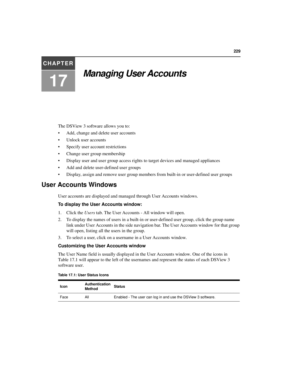 Avocent SPC420 manual Managing User Accounts, User Accounts Windows, To display the User Accounts window 