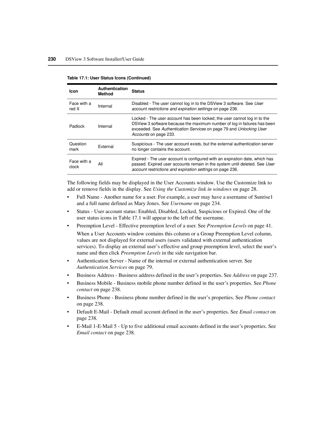 Avocent SPC420 manual User Status Icons Authentication Method, Account restrictions and expiration settings on 