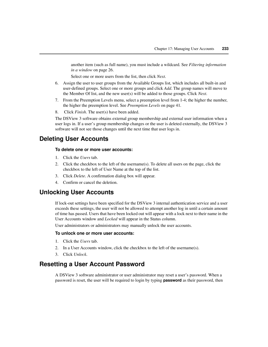 Avocent SPC420 manual Deleting User Accounts, Unlocking User Accounts, Resetting a User Account Password 