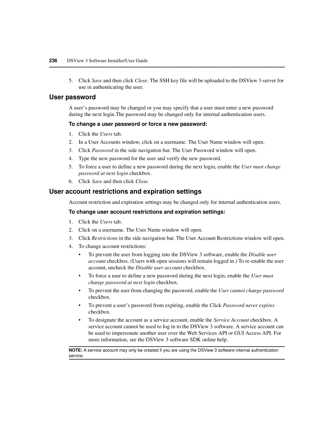 Avocent SPC420 manual User password, User account restrictions and expiration settings 