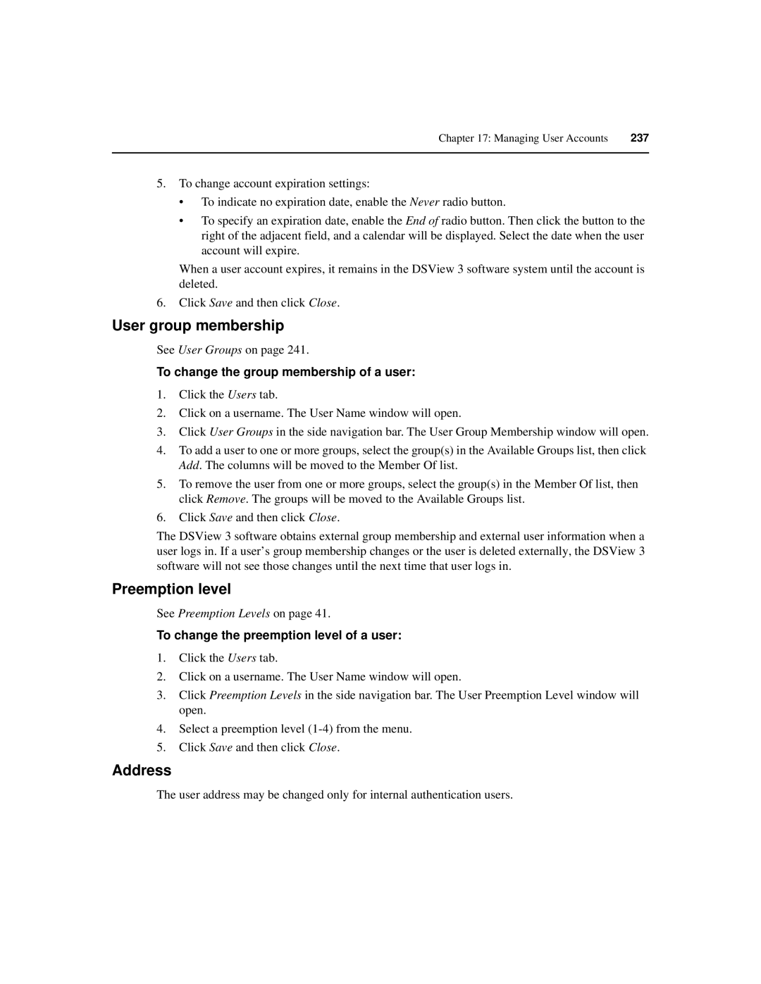 Avocent SPC420 manual User group membership, Preemption level, Address, To change the group membership of a user 