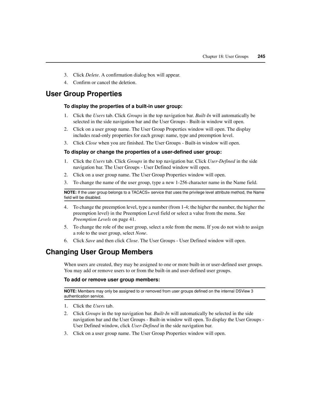 Avocent SPC420 User Group Properties, Changing User Group Members, To display the properties of a built-in user group 