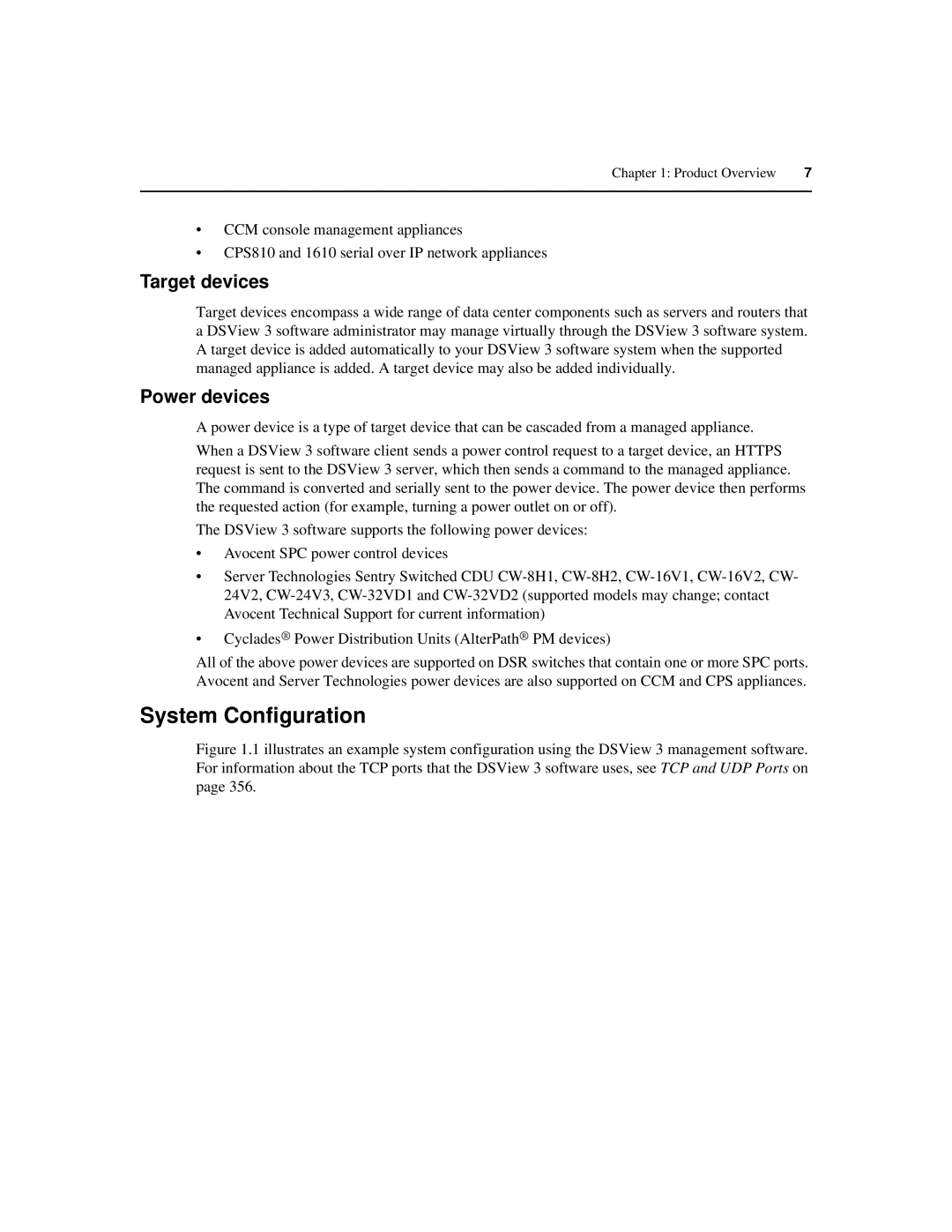 Avocent SPC420 manual System Configuration, Target devices, Power devices 