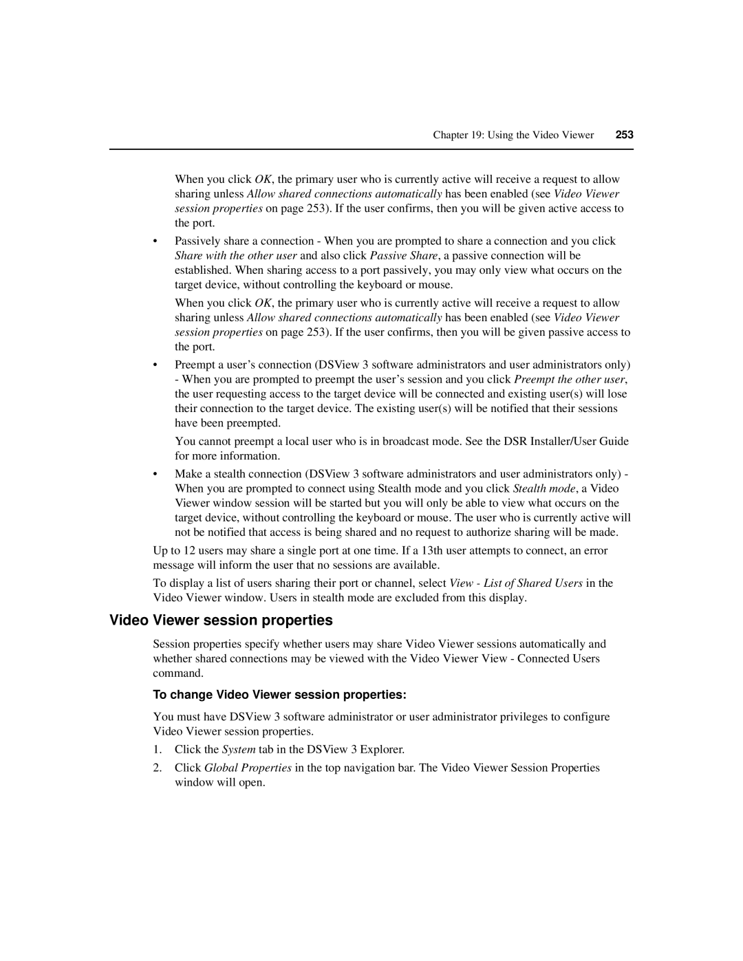 Avocent SPC420 manual To change Video Viewer session properties 