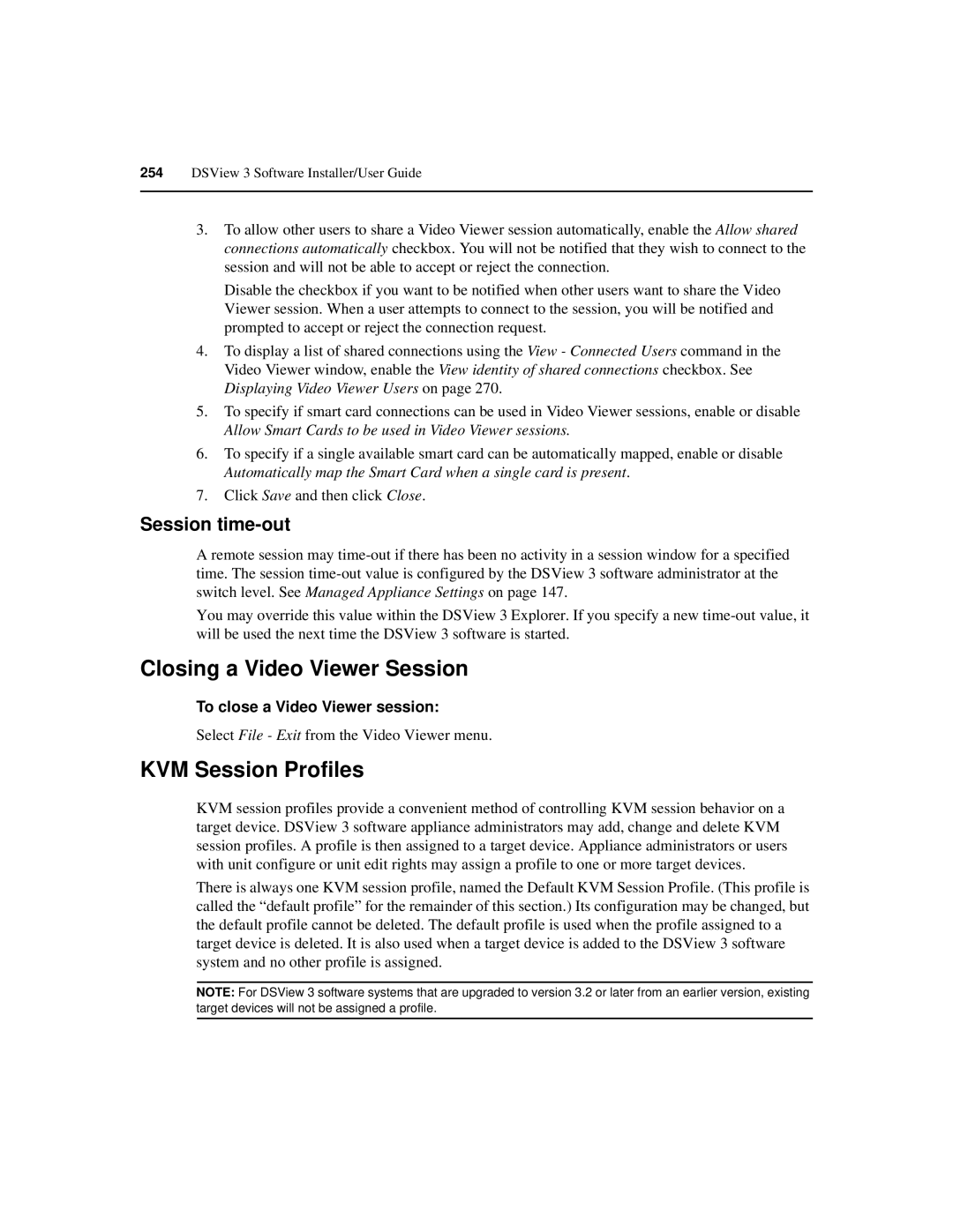 Avocent SPC420 Closing a Video Viewer Session, KVM Session Profiles, Session time-out, To close a Video Viewer session 