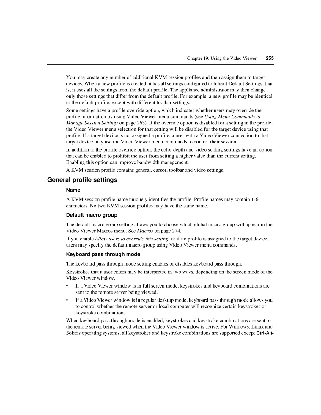 Avocent SPC420 manual General profile settings, Name, Default macro group, Keyboard pass through mode 