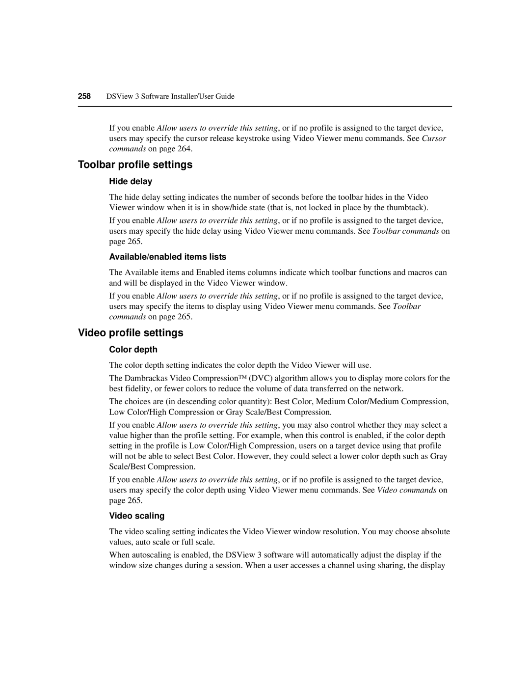 Avocent SPC420 manual Toolbar profile settings, Video profile settings 