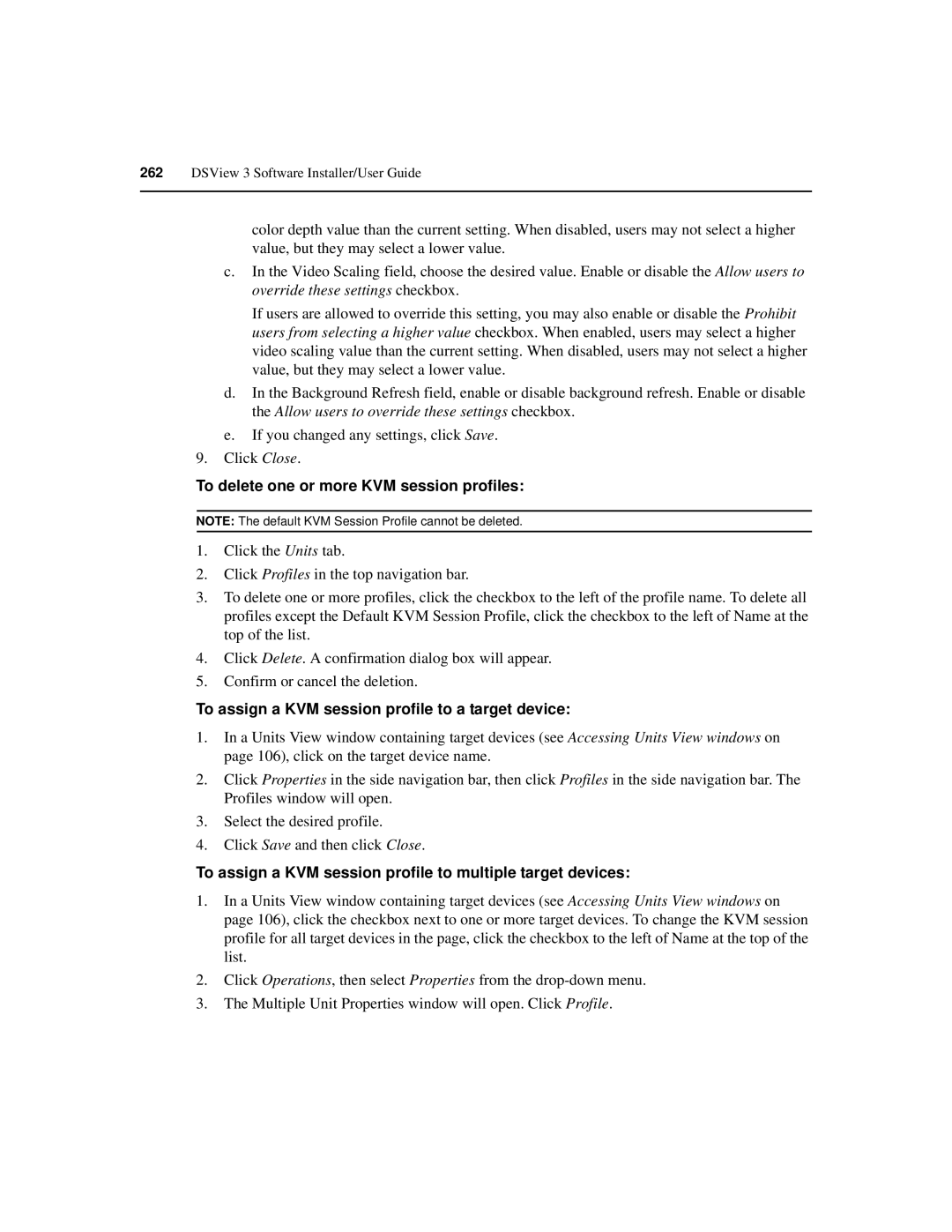 Avocent SPC420 manual To delete one or more KVM session profiles, To assign a KVM session profile to a target device 