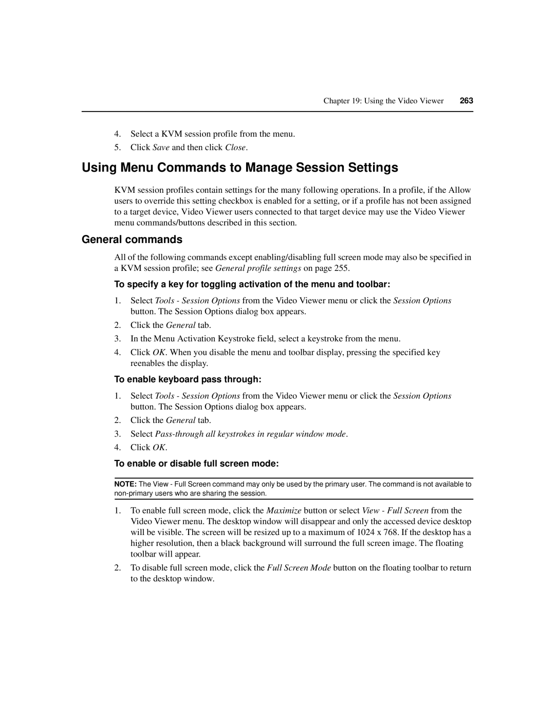 Avocent SPC420 manual Using Menu Commands to Manage Session Settings, General commands, To enable keyboard pass through 