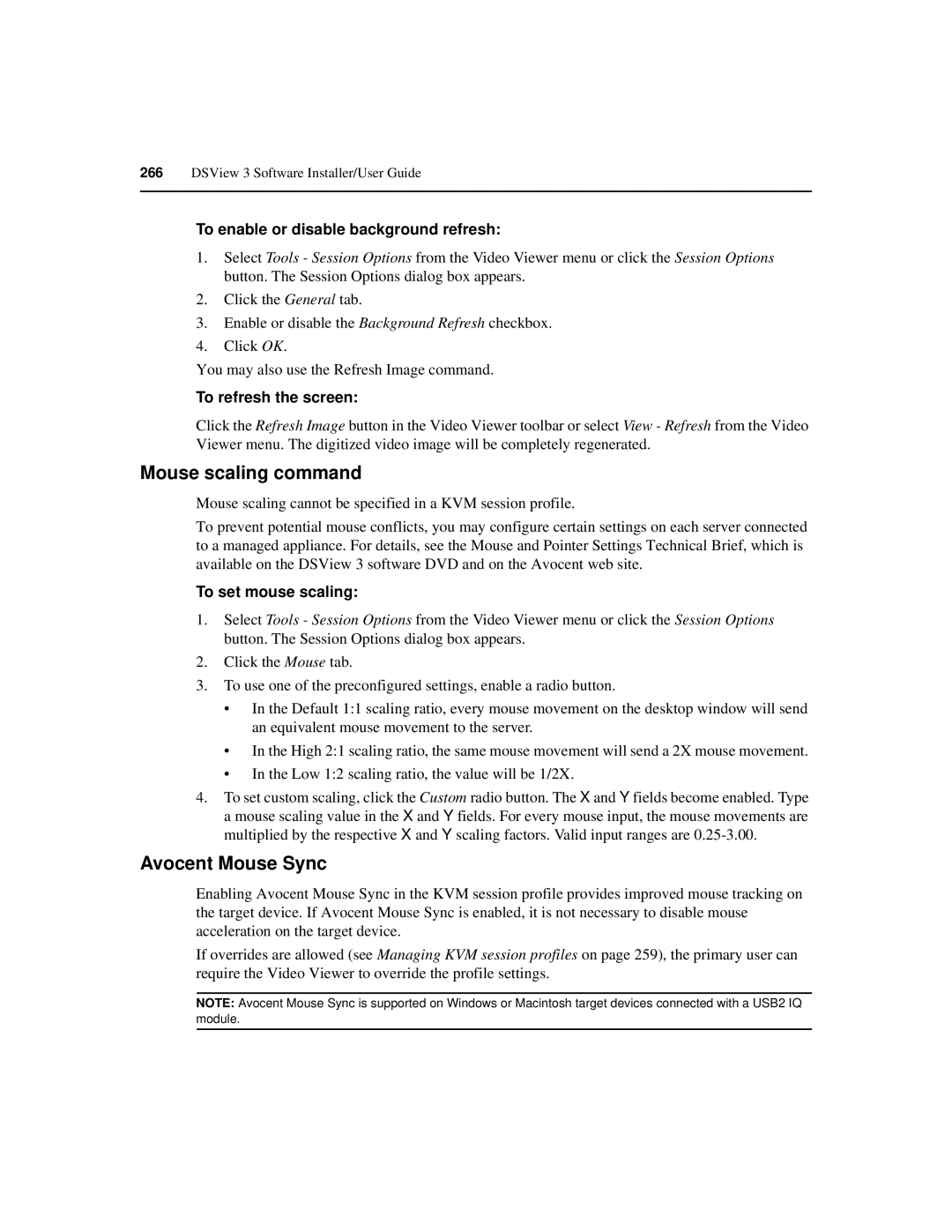 Avocent SPC420 Mouse scaling command, Avocent Mouse Sync, To enable or disable background refresh, To refresh the screen 