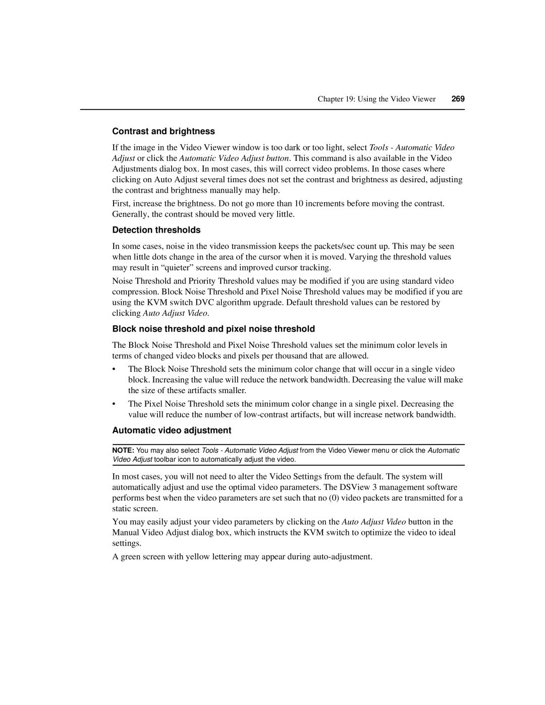 Avocent SPC420 manual Contrast and brightness, Detection thresholds, Block noise threshold and pixel noise threshold 