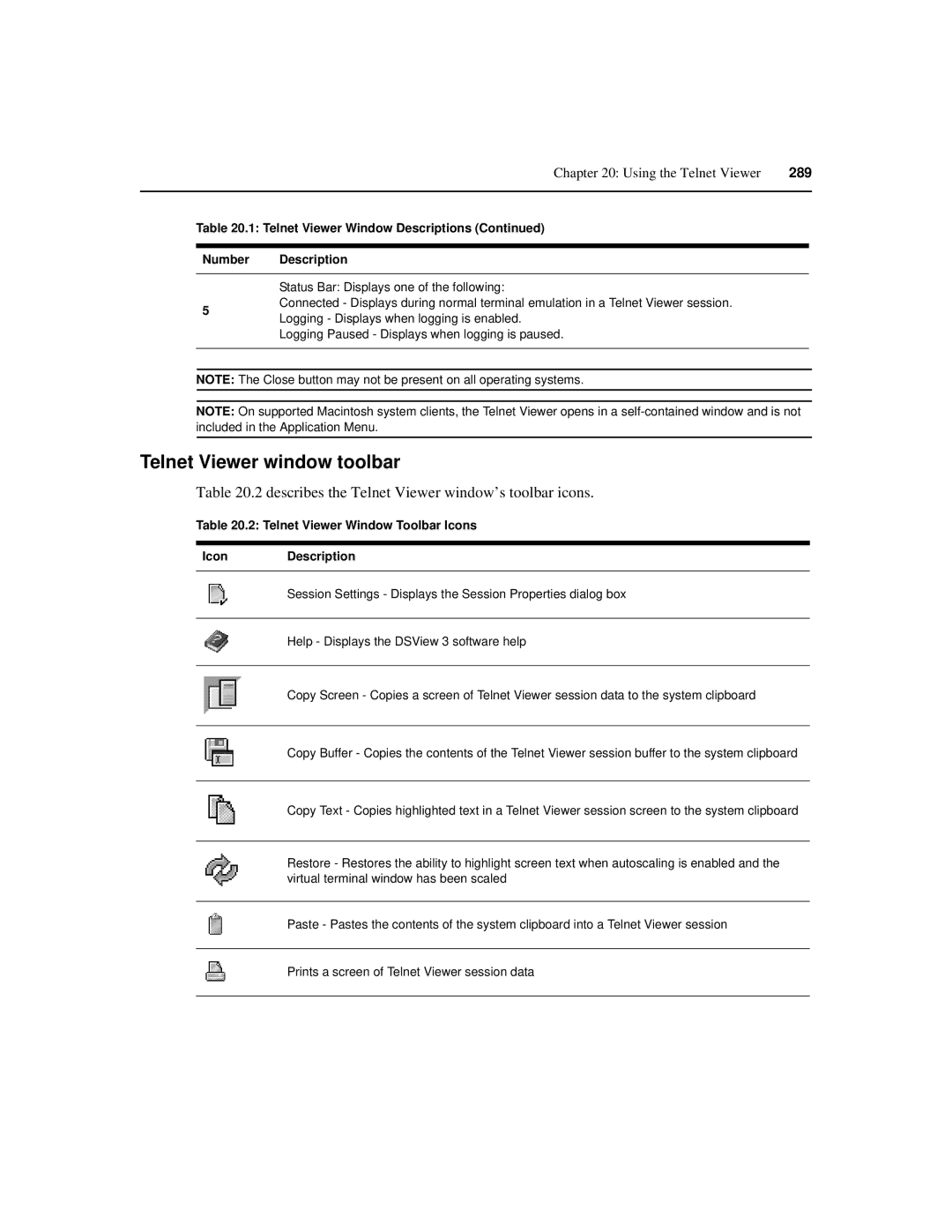 Avocent SPC420 manual Telnet Viewer window toolbar, Telnet Viewer Window Descriptions Number Description 