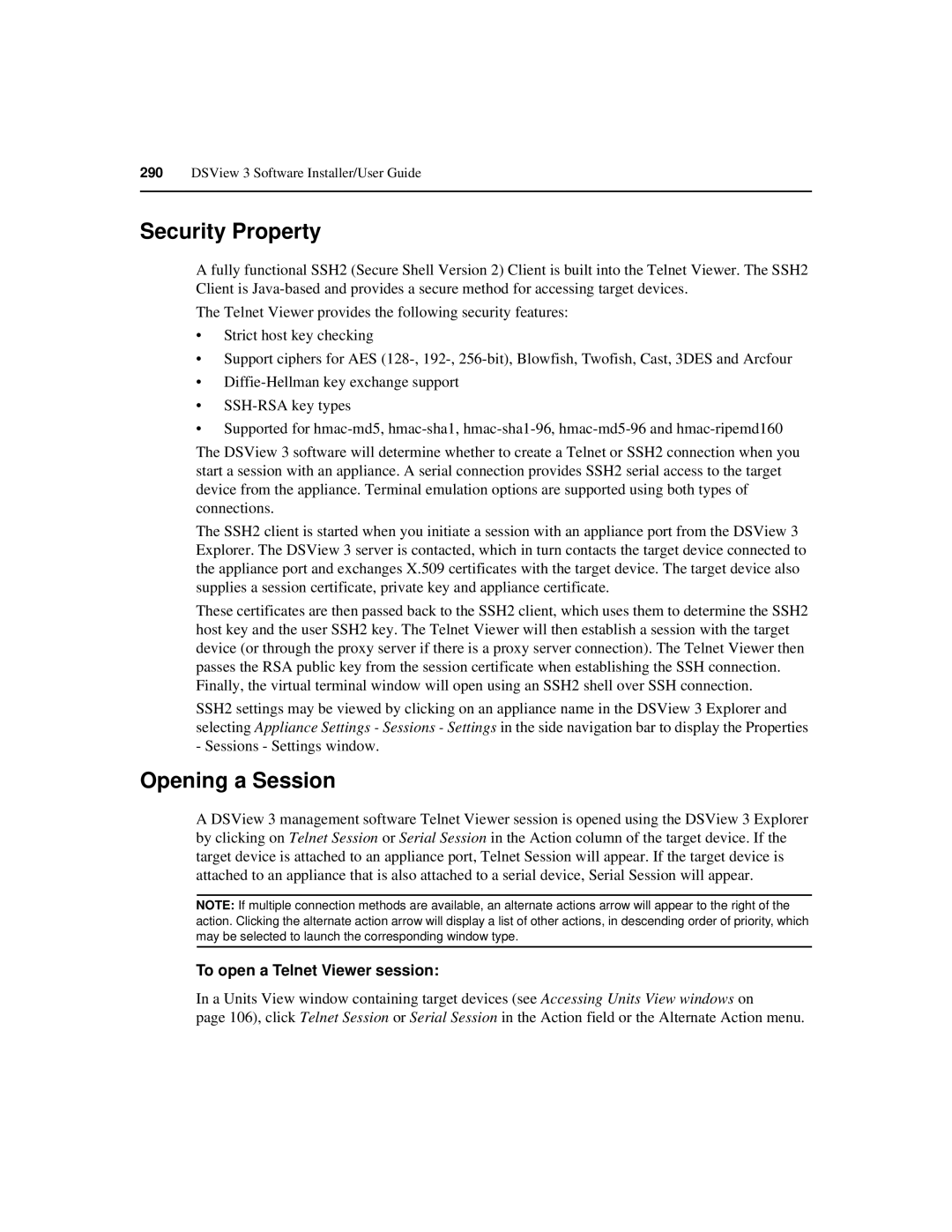 Avocent SPC420 manual Security Property, Opening a Session, To open a Telnet Viewer session 