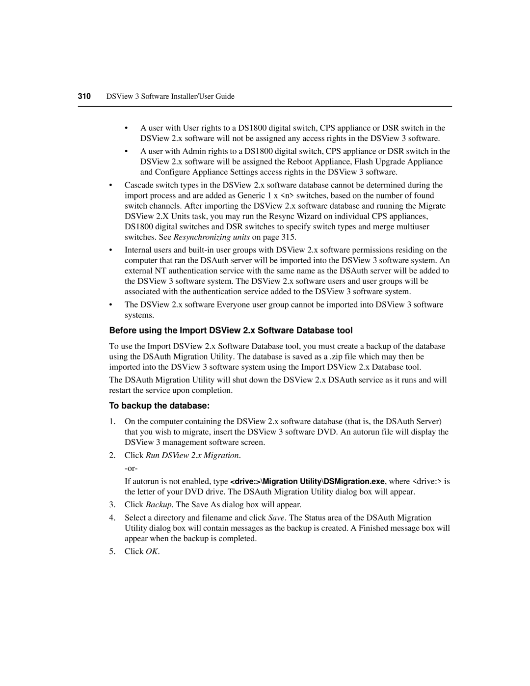 Avocent SPC420 manual Before using the Import DSView 2.x Software Database tool, To backup the database 