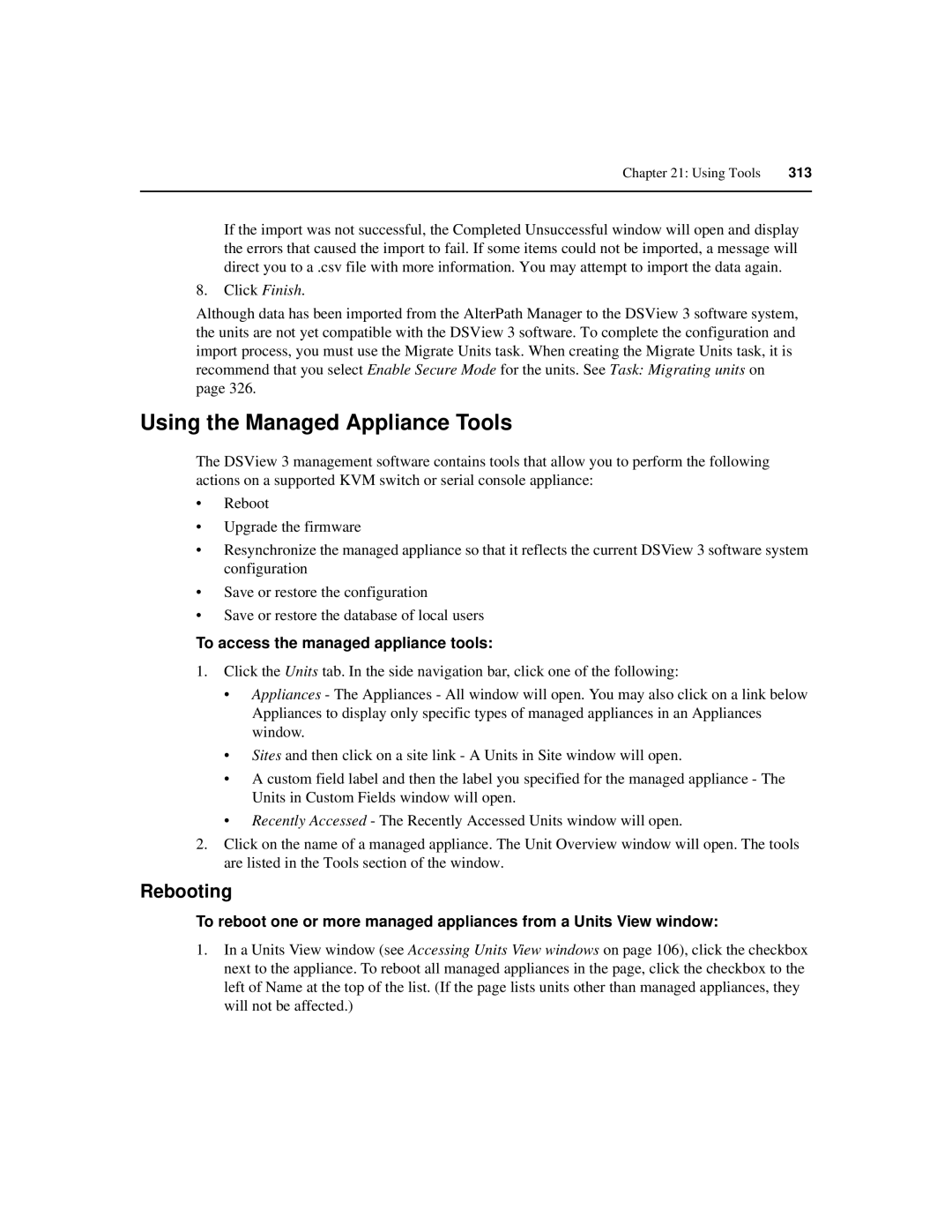 Avocent SPC420 manual Using the Managed Appliance Tools, Rebooting, To access the managed appliance tools 