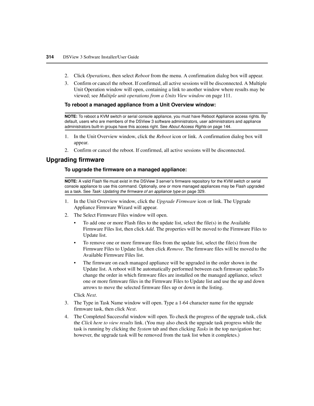 Avocent SPC420 manual Upgrading firmware, To reboot a managed appliance from a Unit Overview window 