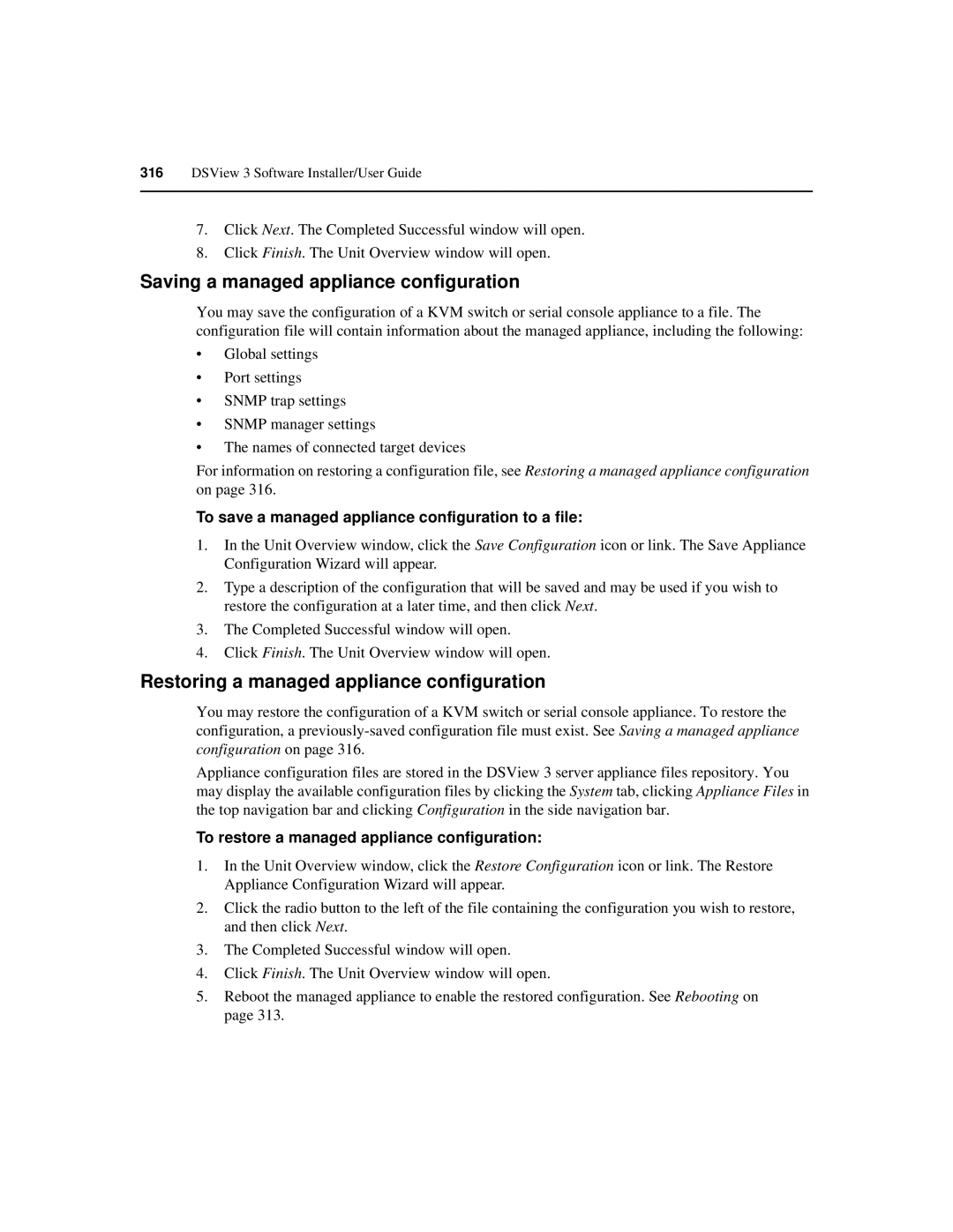 Avocent SPC420 manual Saving a managed appliance configuration, Restoring a managed appliance configuration 