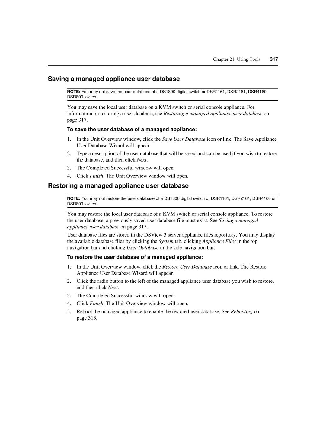 Avocent SPC420 manual Saving a managed appliance user database, Restoring a managed appliance user database 