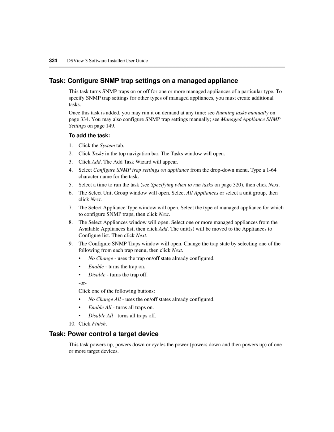 Avocent SPC420 manual Task Configure Snmp trap settings on a managed appliance, Task Power control a target device 