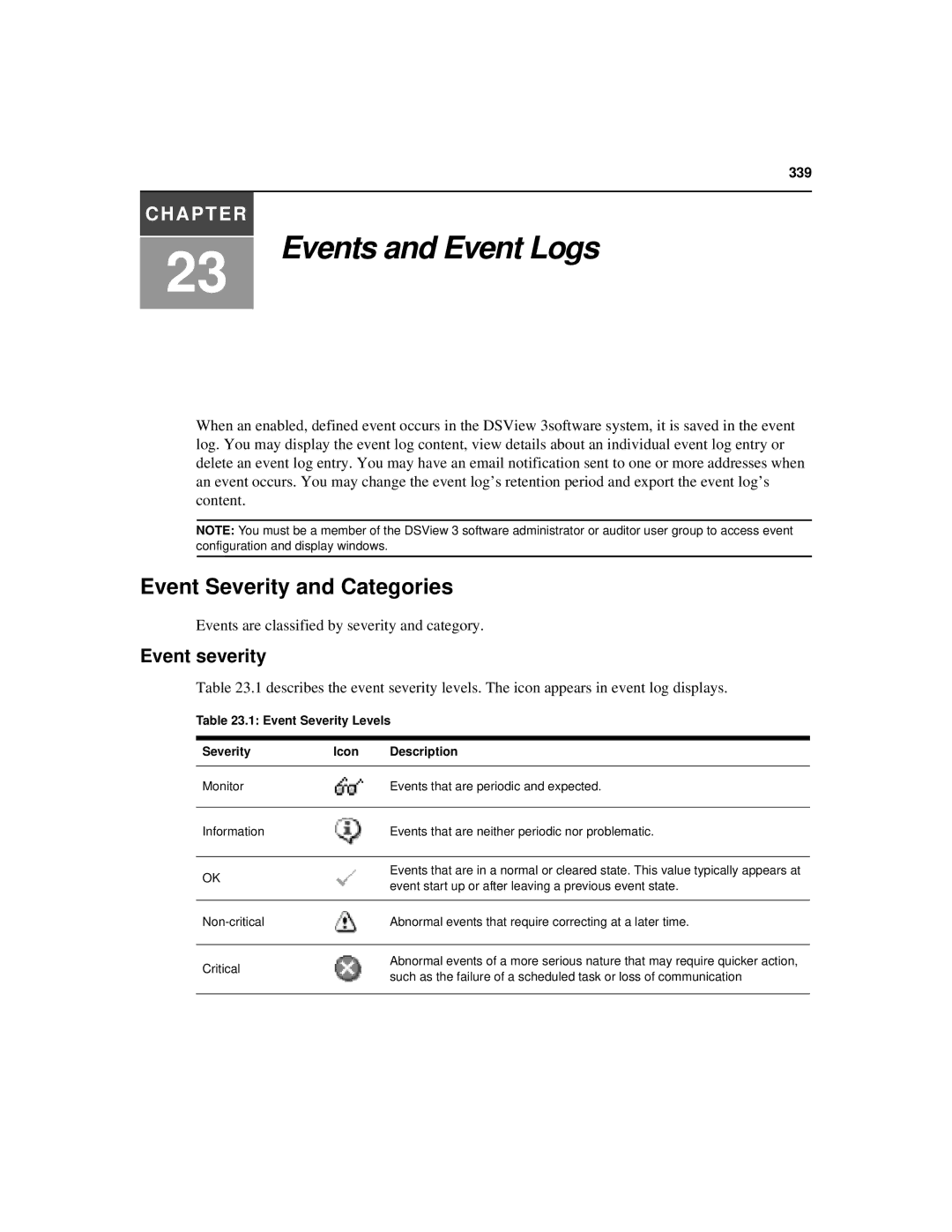 Avocent SPC420 manual Events and Event Logs, Event Severity and Categories, Event severity 