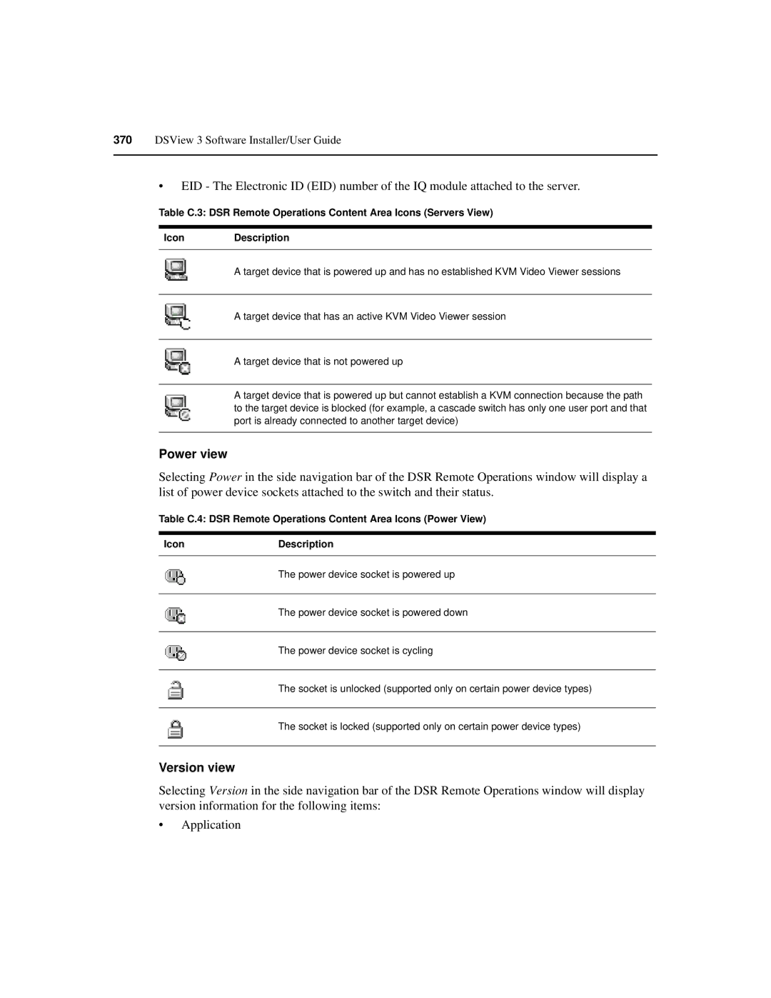 Avocent SPC420 manual Power view, Version view 