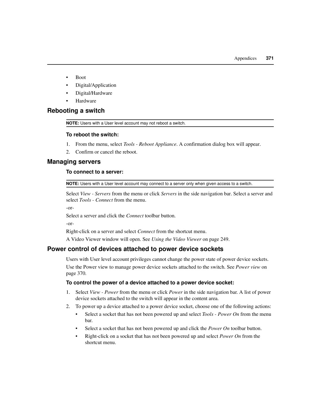 Avocent SPC420 manual Rebooting a switch, Managing servers, Power control of devices attached to power device sockets 