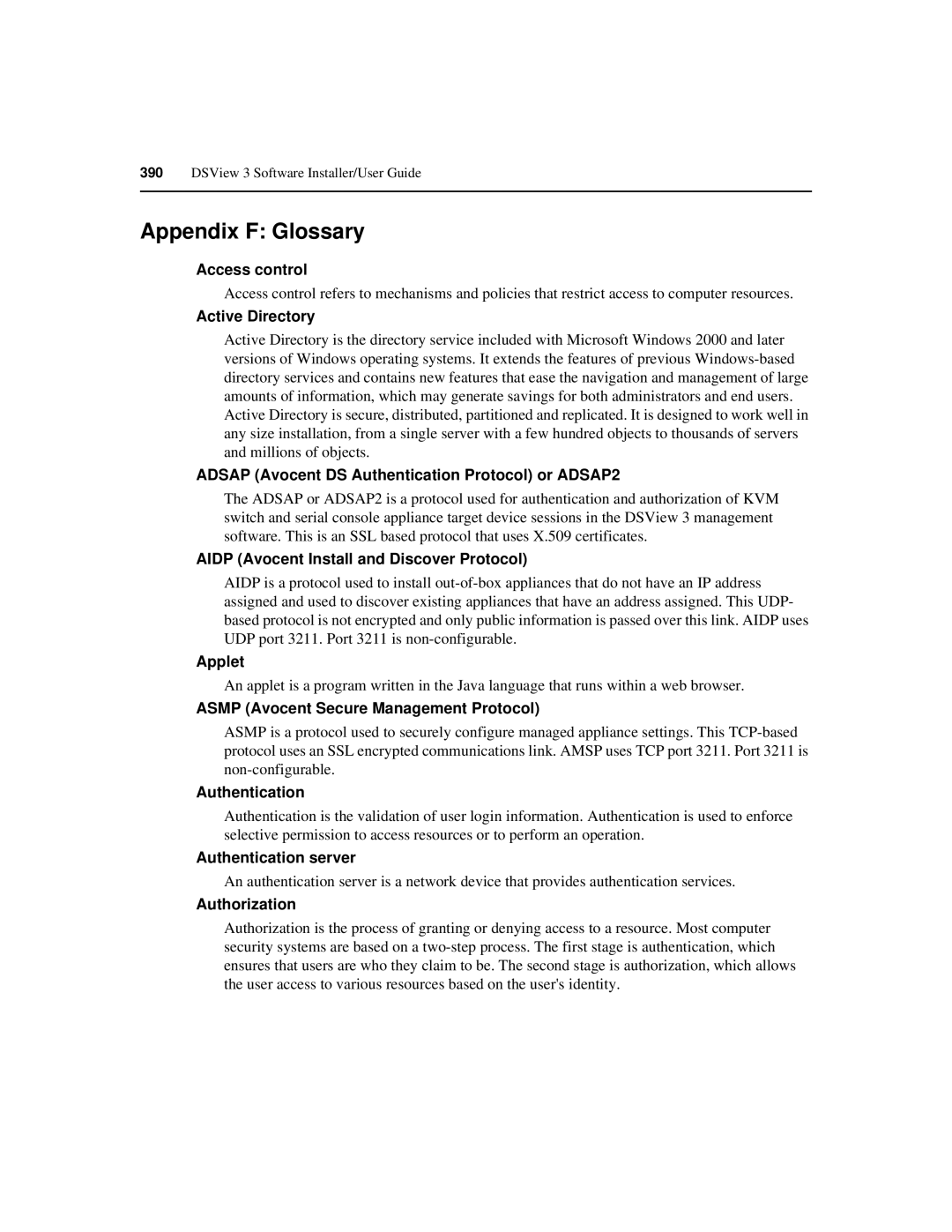 Avocent SPC420 manual Appendix F Glossary 