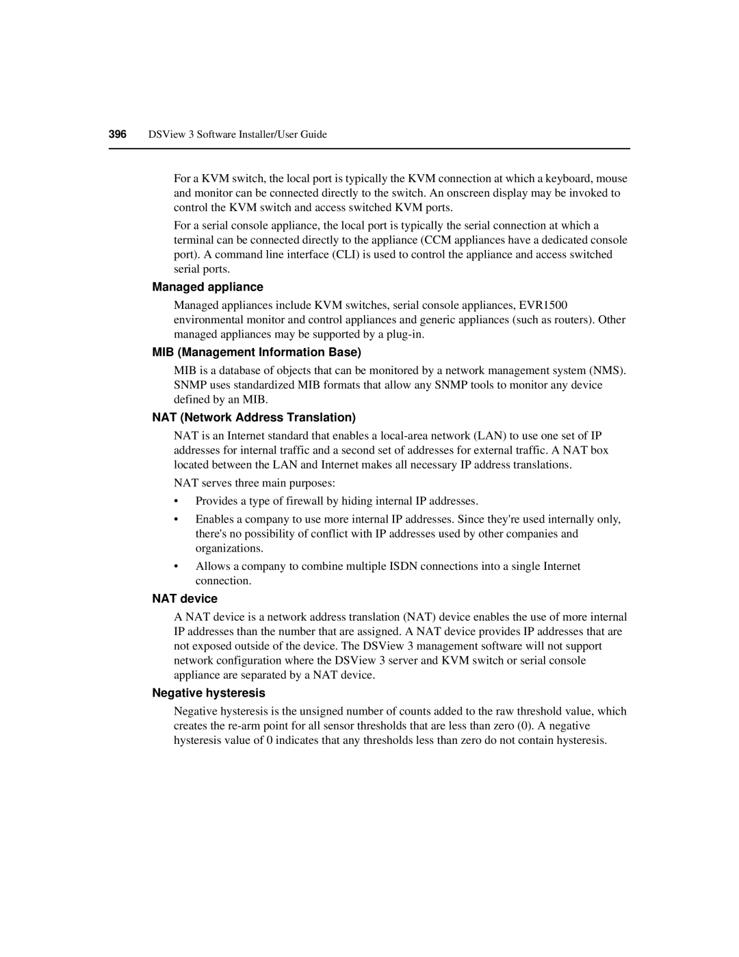 Avocent SPC420 manual Managed appliance, MIB Management Information Base, NAT Network Address Translation, NAT device 