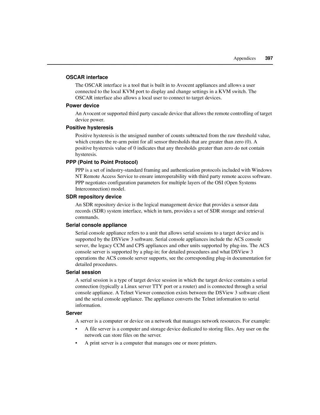 Avocent SPC420 Oscar interface, Power device, Positive hysteresis, PPP Point to Point Protocol, SDR repository device 