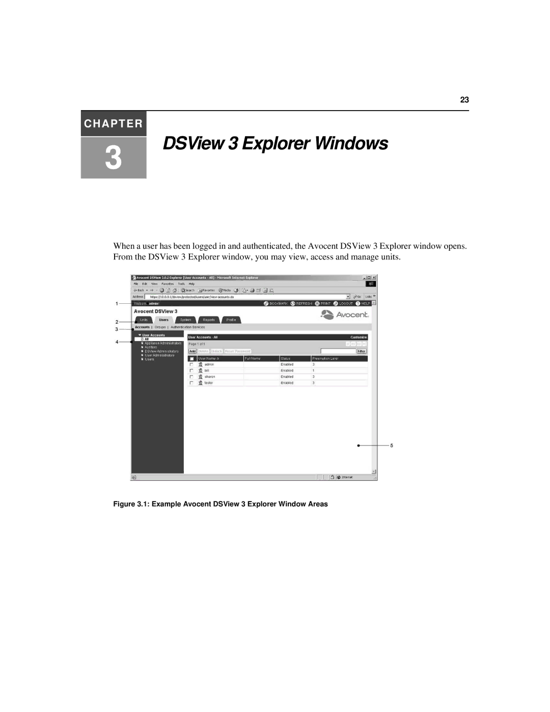 Avocent SPC420 manual DSView 3 Explorer Windows, Example Avocent DSView 3 Explorer Window Areas 