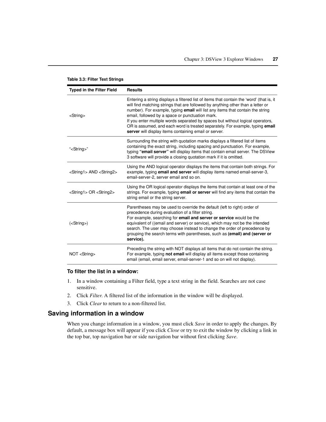 Avocent SPC420 manual Saving information in a window, To filter the list in a window 