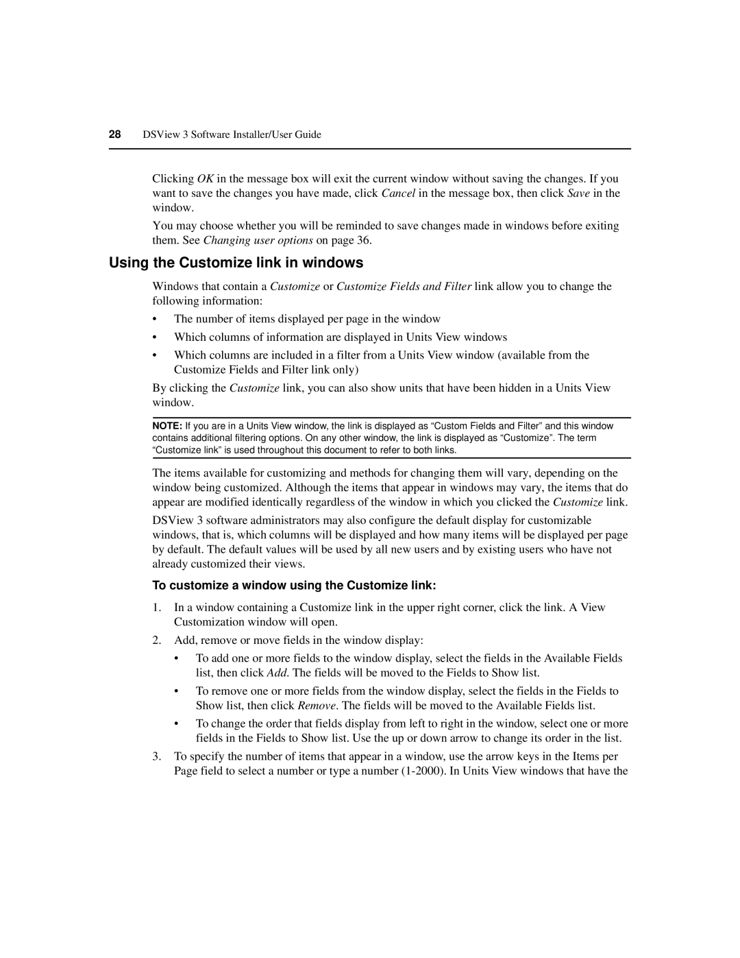 Avocent SPC420 manual Using the Customize link in windows, To customize a window using the Customize link 