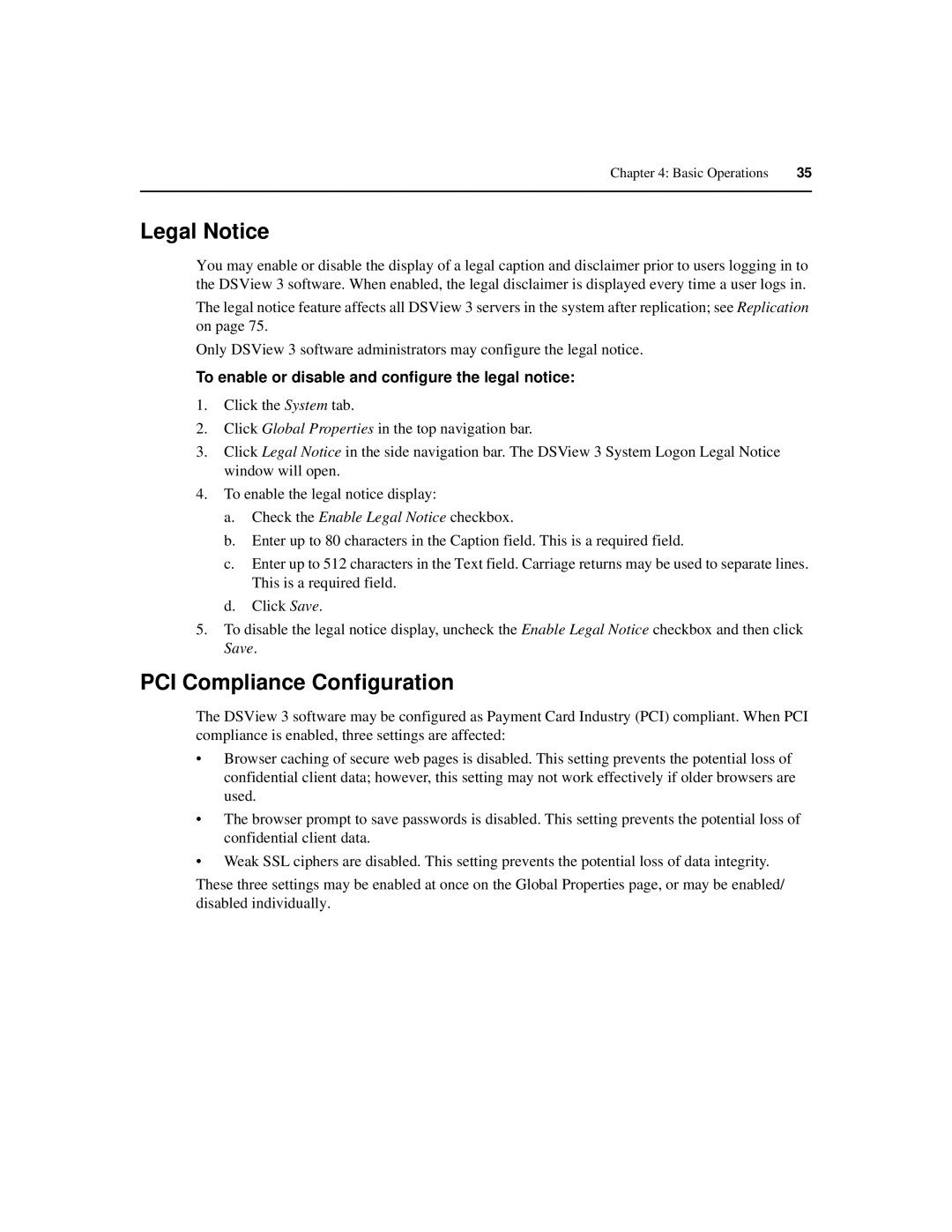 Avocent SPC420 manual Legal Notice, PCI Compliance Configuration, To enable or disable and configure the legal notice 