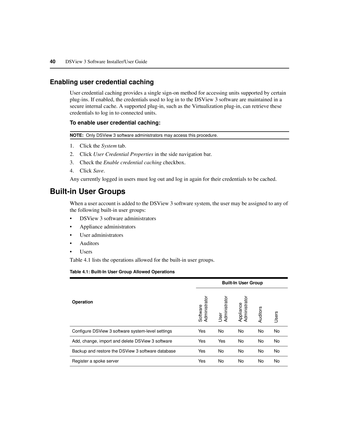 Avocent SPC420 manual Built-in User Groups, Enabling user credential caching, To enable user credential caching 