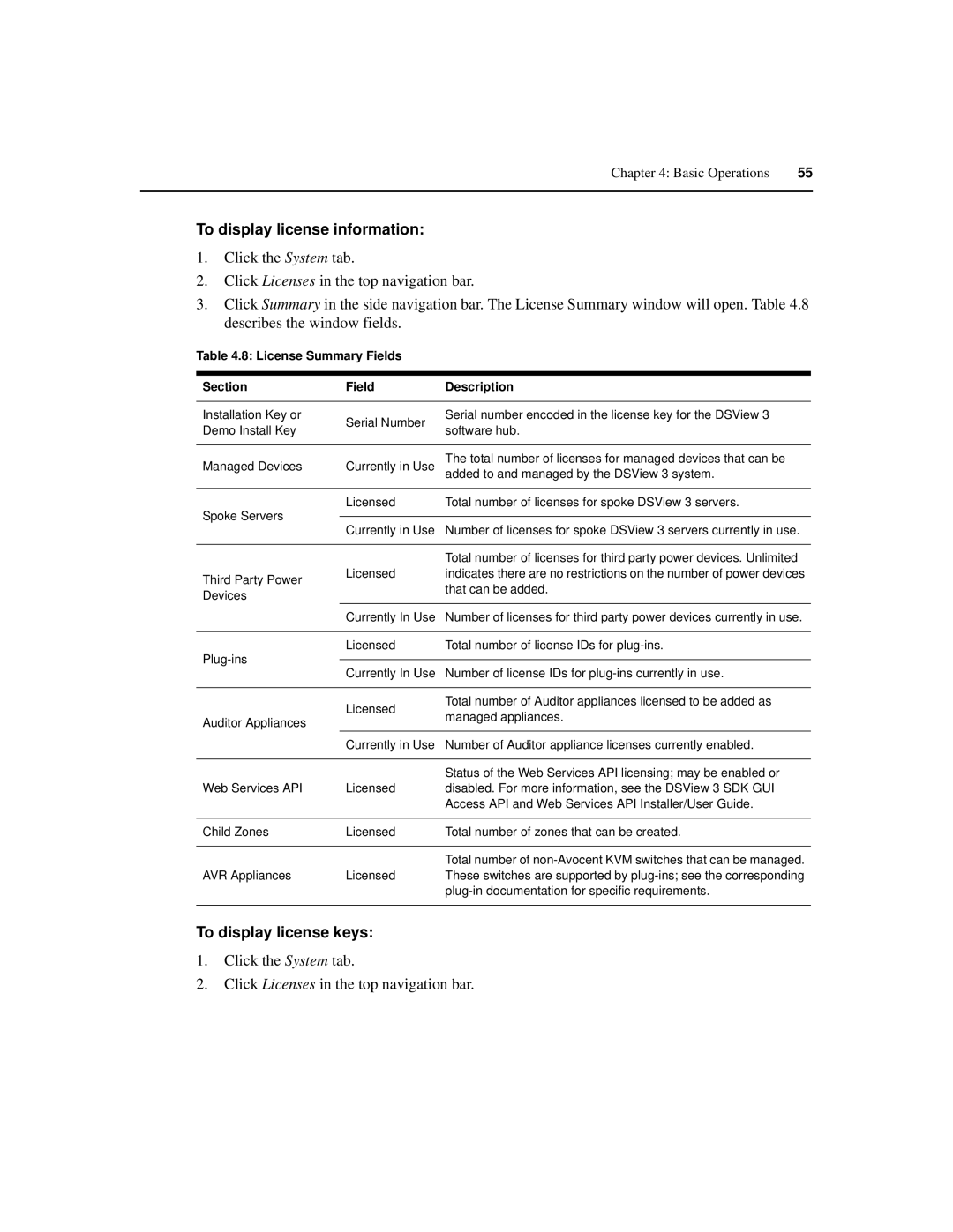 Avocent SPC420 manual To display license information, To display license keys, License Summary Fields Section Description 