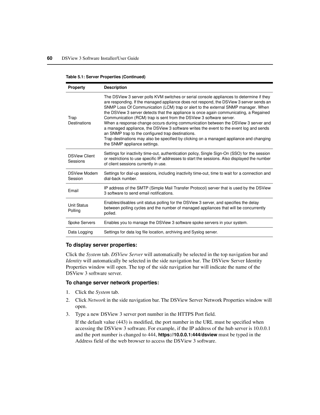 Avocent SPC420 manual To display server properties, To change server network properties 