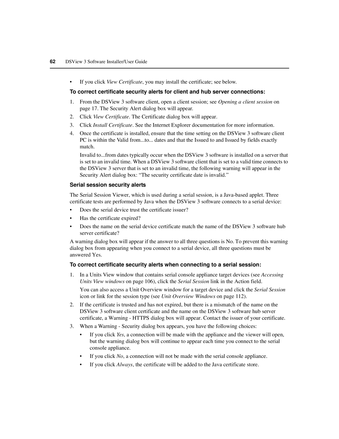 Avocent SPC420 manual Serial session security alerts 