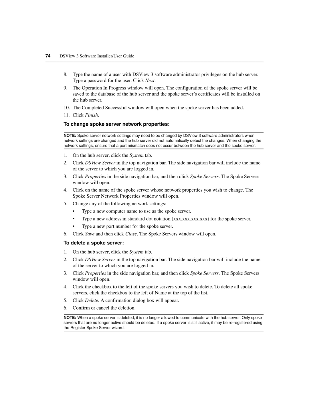 Avocent SPC420 manual To change spoke server network properties, To delete a spoke server 