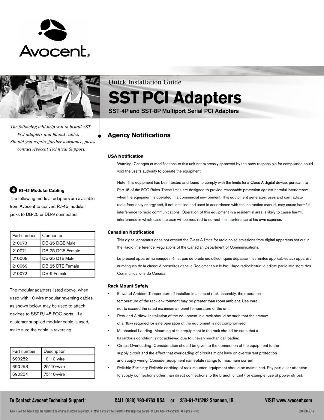 Avocent SST-8P installation instructions RJ-45 Modular Cabling, USA Notification Canadian Notification, Rack Mount Safety 