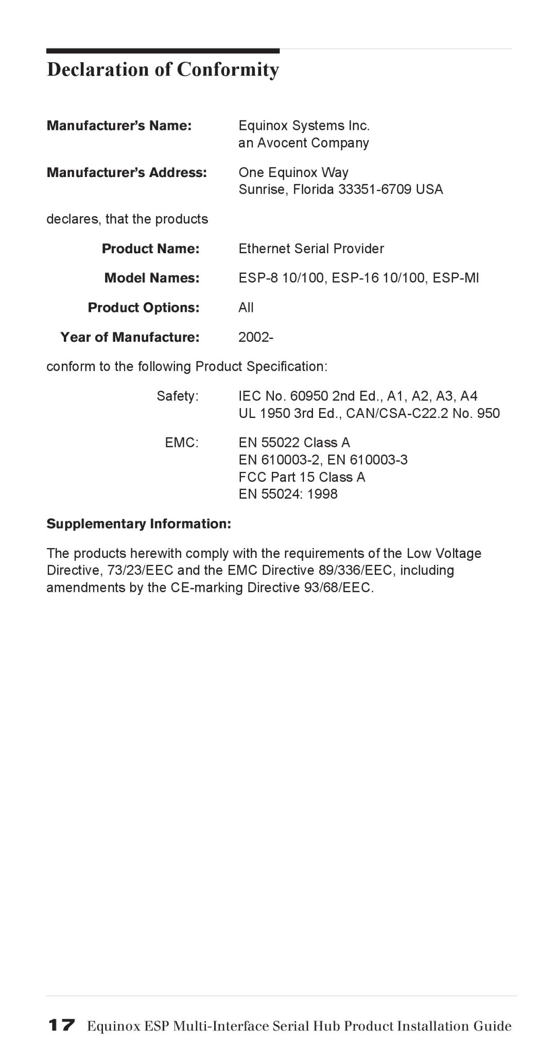 Avocent SuperSerial manual Declaration of Conformity, Year of Manufacture 