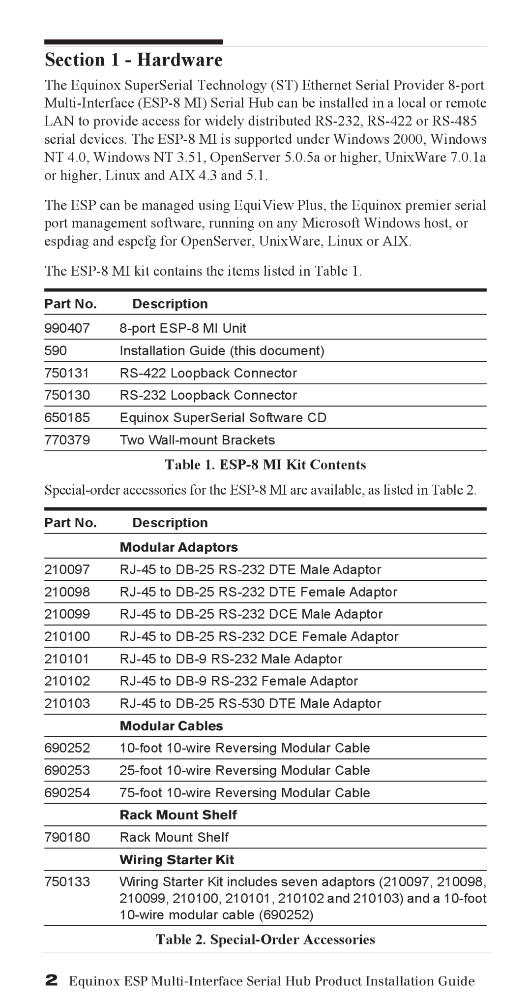 Avocent SuperSerial manual Hardware, ESP-8 MI Kit Contents 