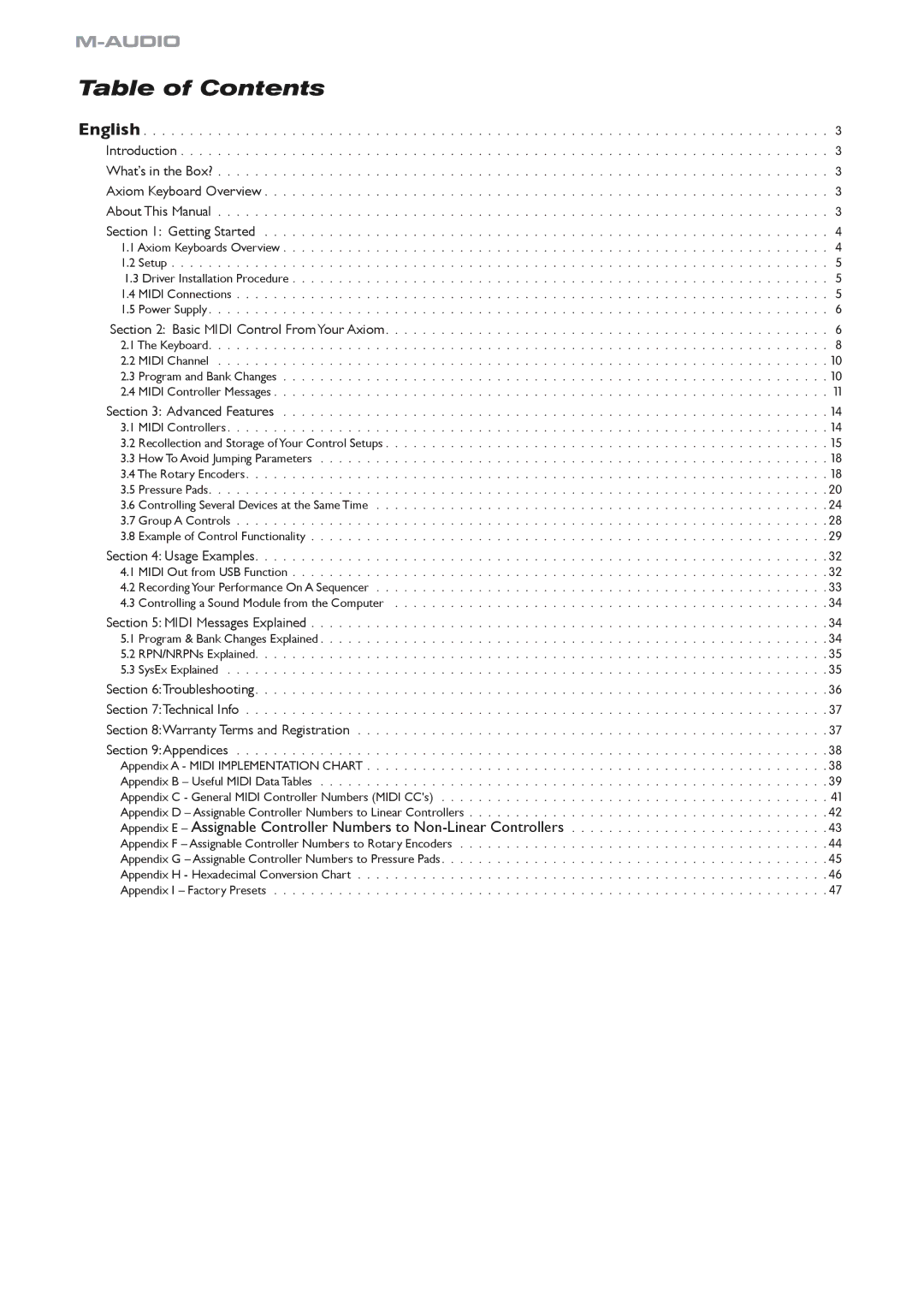 Axiom Audio Axiom 61, Electronic Keyboard manual Table of Contents 