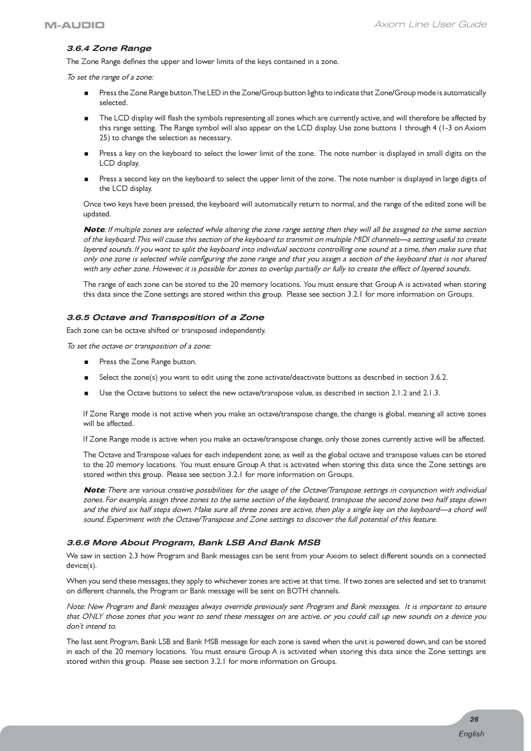 Axiom Audio Electronic Keyboard manual Zone Range, To set the range of a zone, More About Program, Bank LSB And Bank MSB 