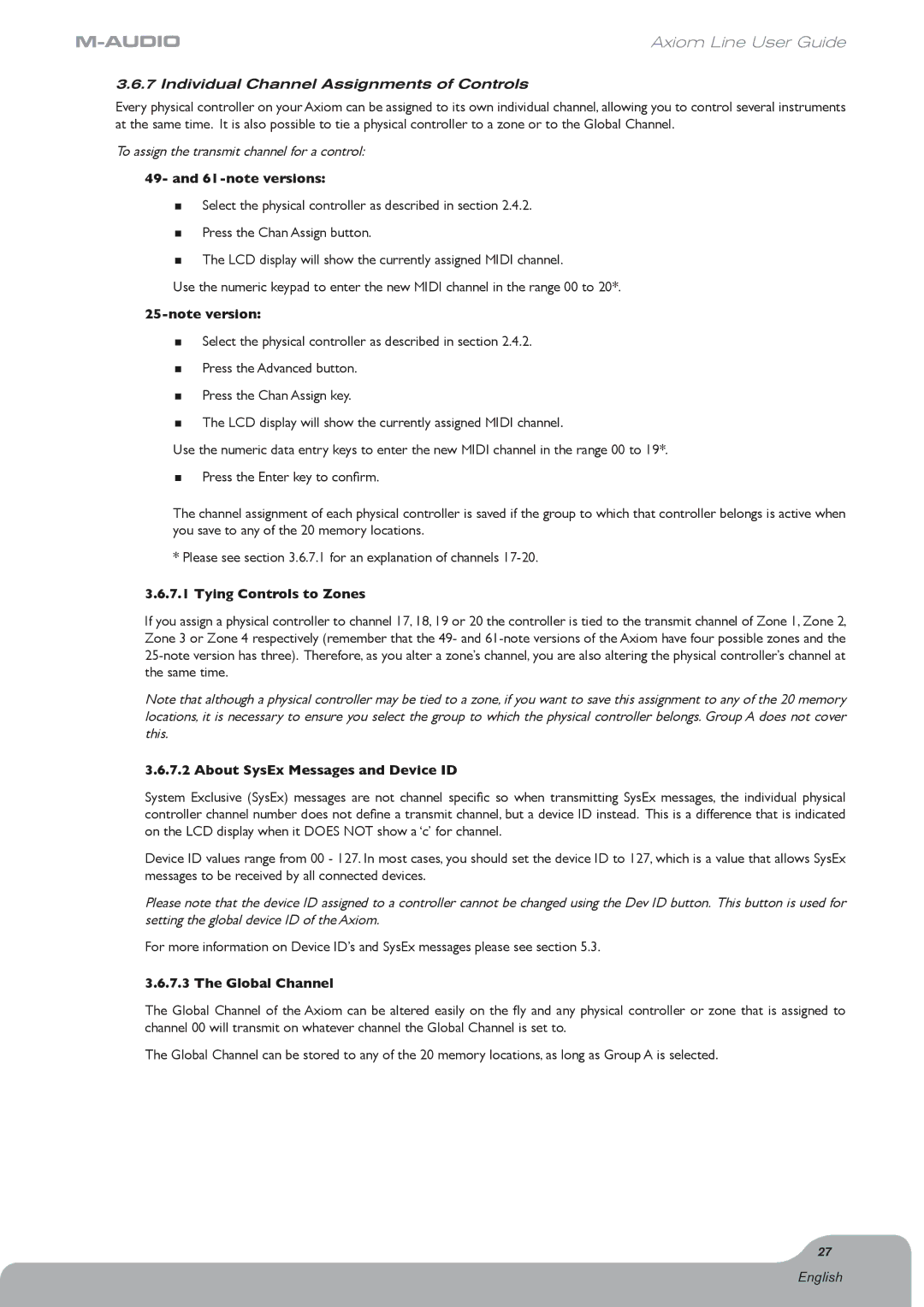 Axiom Audio Axiom 61 manual Individual Channel Assignments of Controls, To assign the transmit channel for a control 