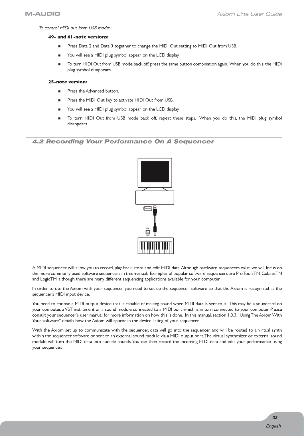 Axiom Audio Axiom 61, Electronic Keyboard Recording Your Performance On a Sequencer, To control Midi out from USB mode 