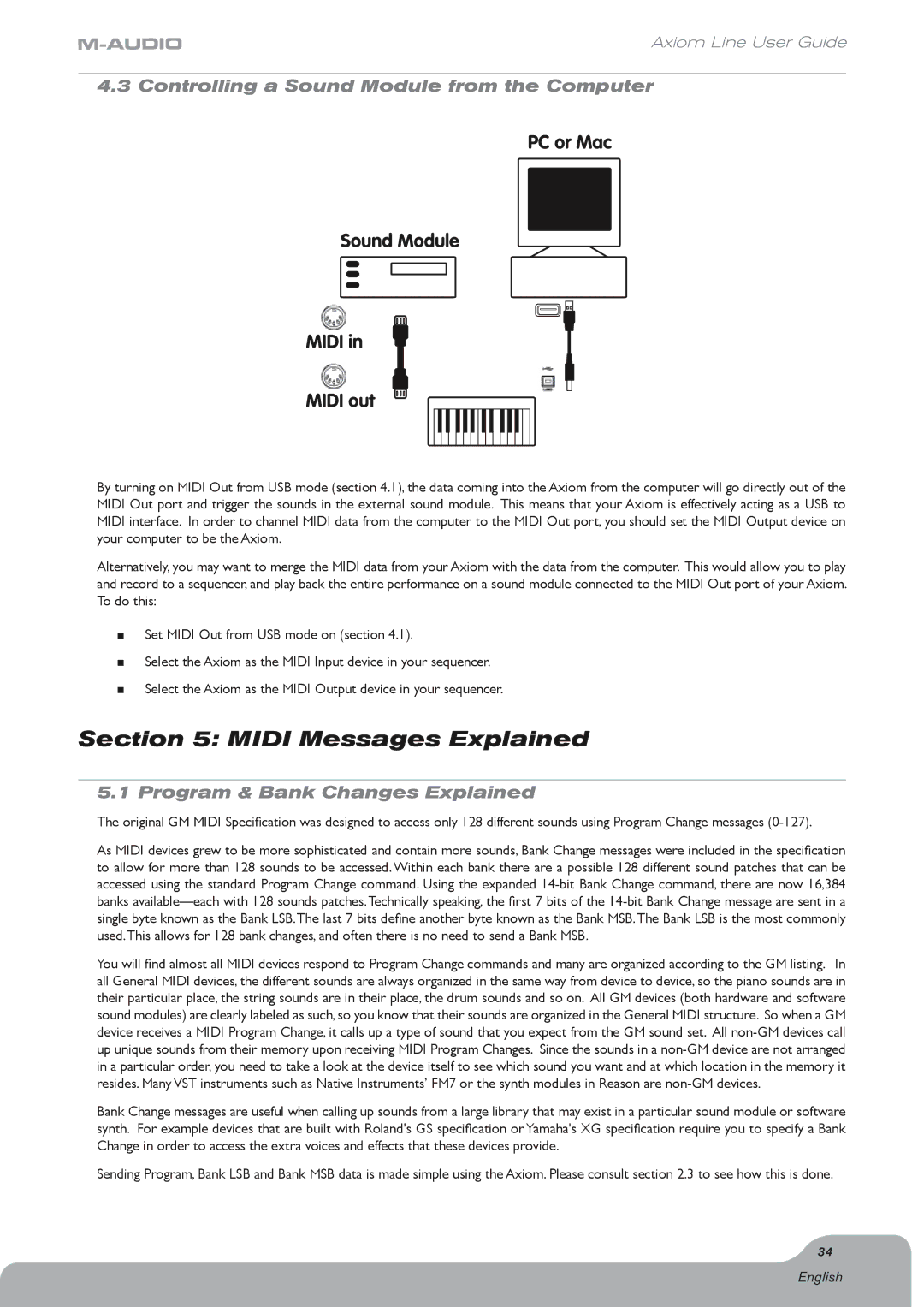 Axiom Audio Electronic Keyboard, Axiom 61 manual Midi Messages Explained, Controlling a Sound Module from the Computer 